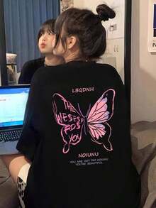 Camiseta casual de mariposa estilo juvenil con diseño moderno para uso diario en casa disponible en negro, talla variada moda  camiseta gráfica. - Negro - Ver 12