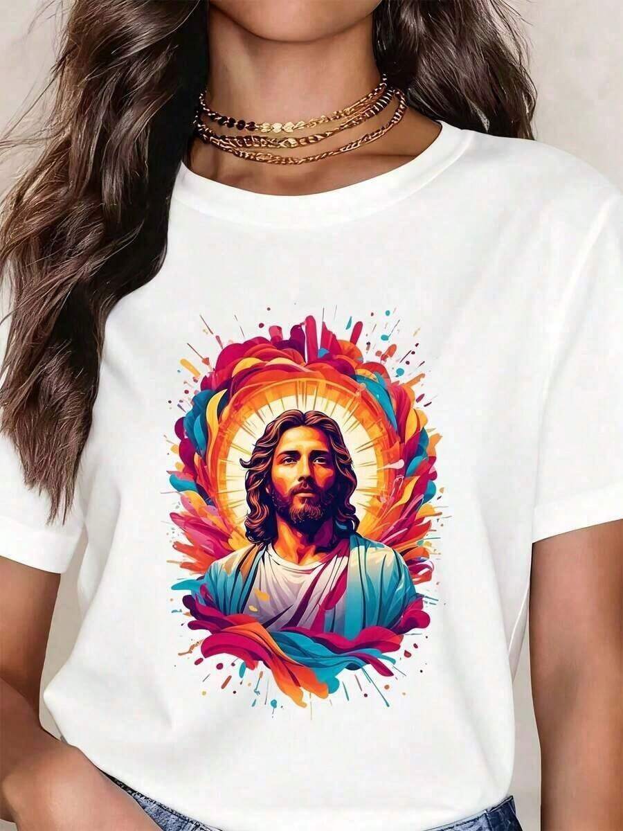 ropa de mujer Camiseta Blanca con Diseño de Halo Colorido de Jesucristo, Arte Religioso, Fe Cristiana, Ropa Casual para Mujeres y Hombres, Atuendo Diario, Regalo para Eventos de Iglesia | Fe cristiana | Versículos bíblicos/Huellas de Jesús | Algodón puro, suave y transpirable | Para uso diario/En la iglesia | Preferido por creyentes y como regalo camisas de mujer - Blanco - Ver 1