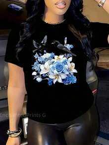 Camiseta elegante mujer cuervos bordados flores azules diseño artístico algodón cómoda casual para fiestas y salidas versátil negra tallas S-XL moda  femenina camiseta original búsqueda popular - Negro - Ver 8