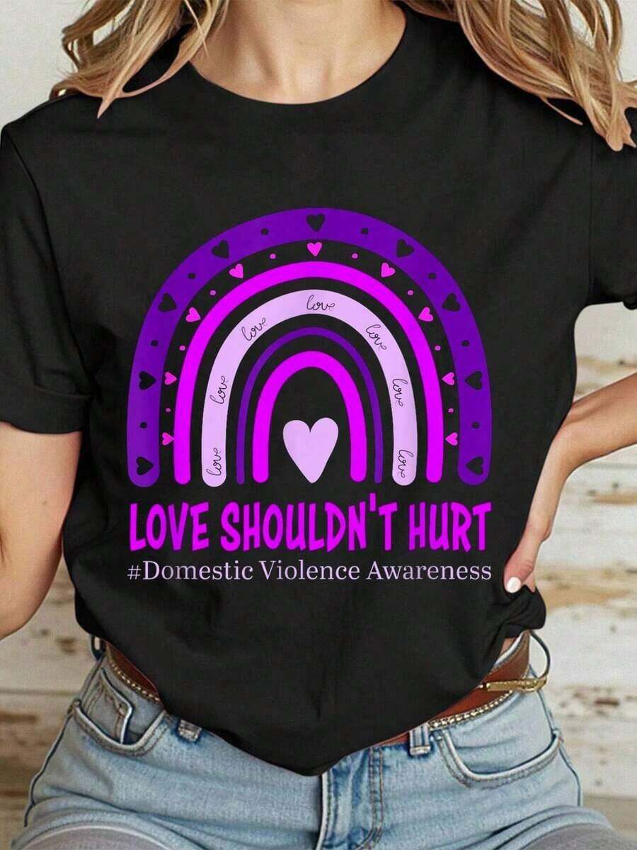 Camiseta Casual 100% Algodón para Mujer: "El Amor No Debería Moler" - Concientización sobre la Violencia Doméstica - Negro - Ver 1