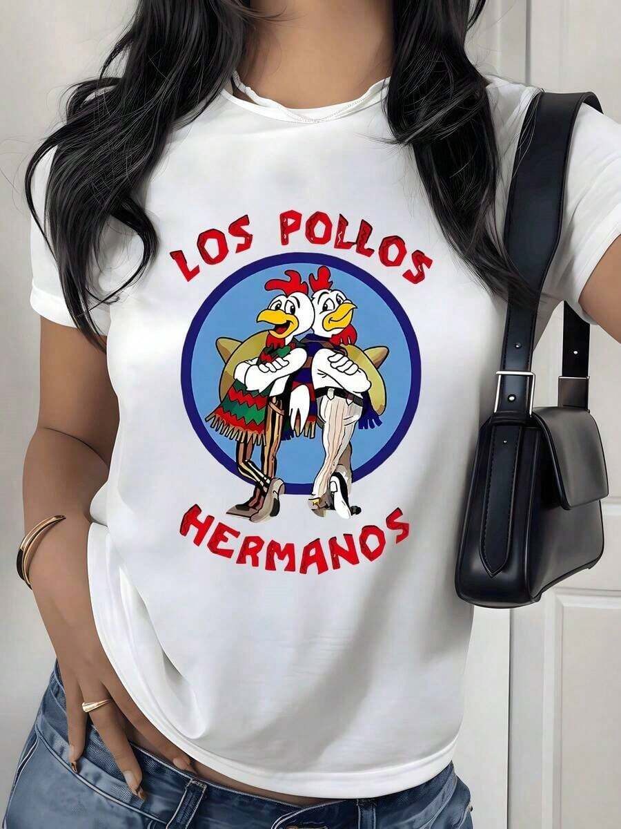 Camiseta con Estampado Gráfico de Chicken Brothers, 180g, 1 Pieza, Divertida, de Dibujos Animados, Casual para Mujer, 100% Algodón, Estilo Vintage Retro - Blanco - Ver 1
