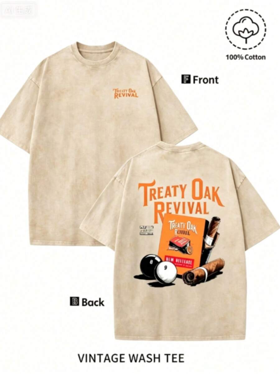 Men'S Bold "TREATY OAK REVIVAL" Print T-Shirt, Casual Round Neck Short Sleeve, 230g Washed Cotton, Summer High Quality Casual Sportswear, - 杏色 - 查看 1