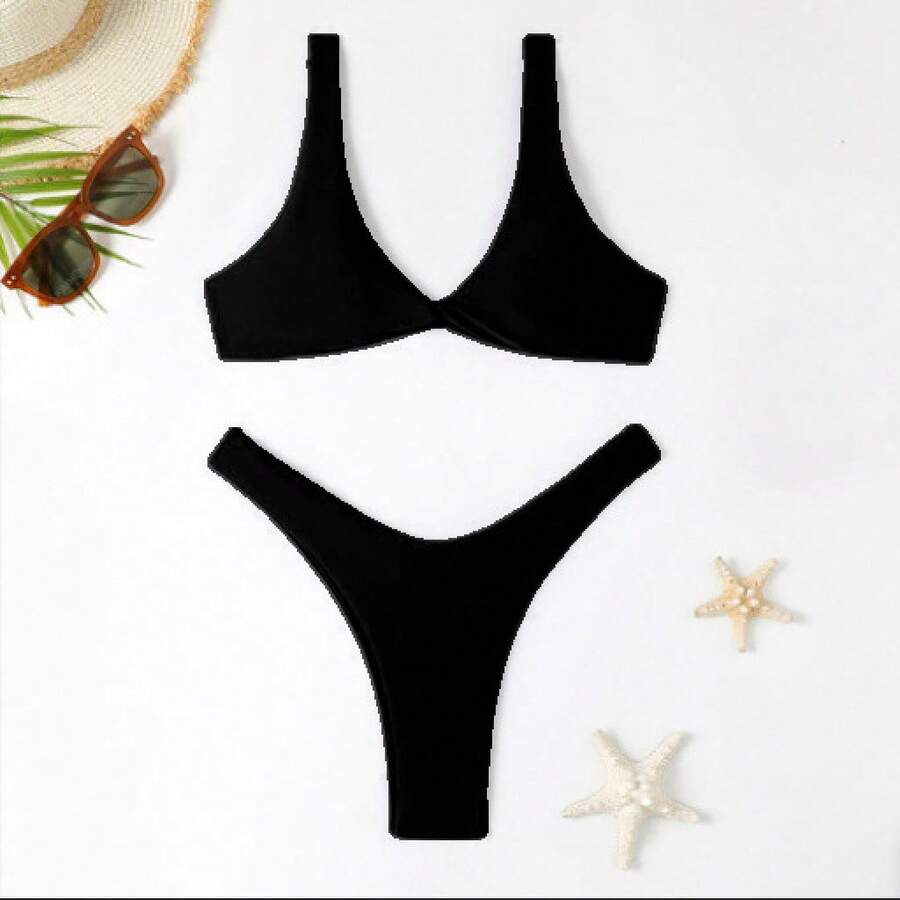 Two-Piece Solid Color Swimsuit For Girls, Sexy Bikini With Deep V-Neck And Push-Up Effect With Straps, High-End Pure And Seductive Style Swimsuit. - 黑色 - 查看 1