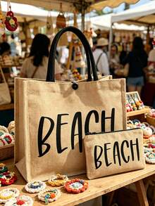 亞麻大容量海灘包，印有「Beach」文字的托特包，海灘主題。亞麻材質拉鍊化妝包 - 彩色 - 查看 9