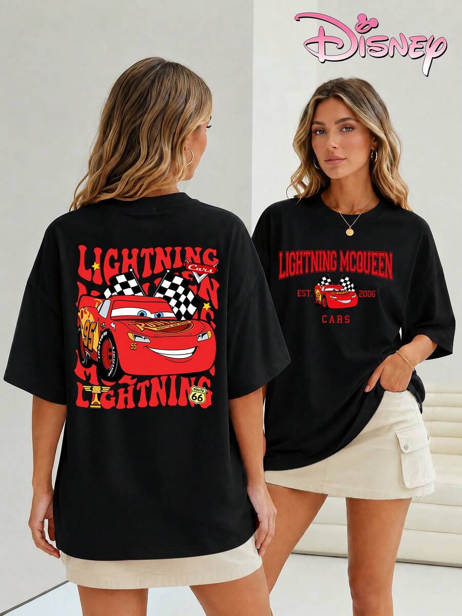 Women's Pure Cotton T-Shirts, Disney Cars Lightning McQueen Themed Print, Double-Print Design On The Front And Back, Cool American Style, Suitable For Theme Park Outfits, Casual Street Style, And Individualistic Outings. - màu đen - Xem 1