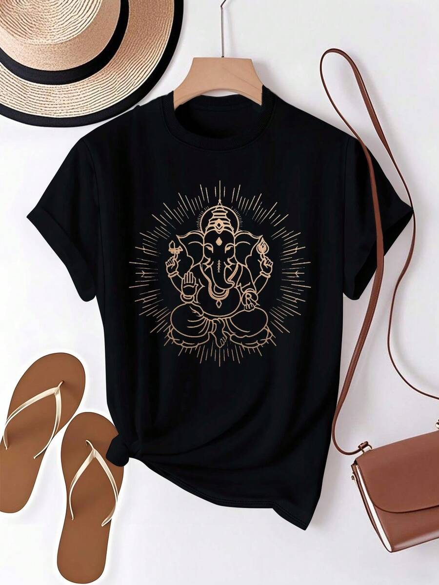 Camiseta cómoda de algodón puro para mujer con ilustración del dios indio  de otusTraje de fiesta elegante,T-shirt para damas elegantes,Blusas adecuadas para mujeres con curvas,Faldas de graduación,Ropa casualEstampado de animales adorables ,Estampado de letras divertidas - Negro - Ver 1