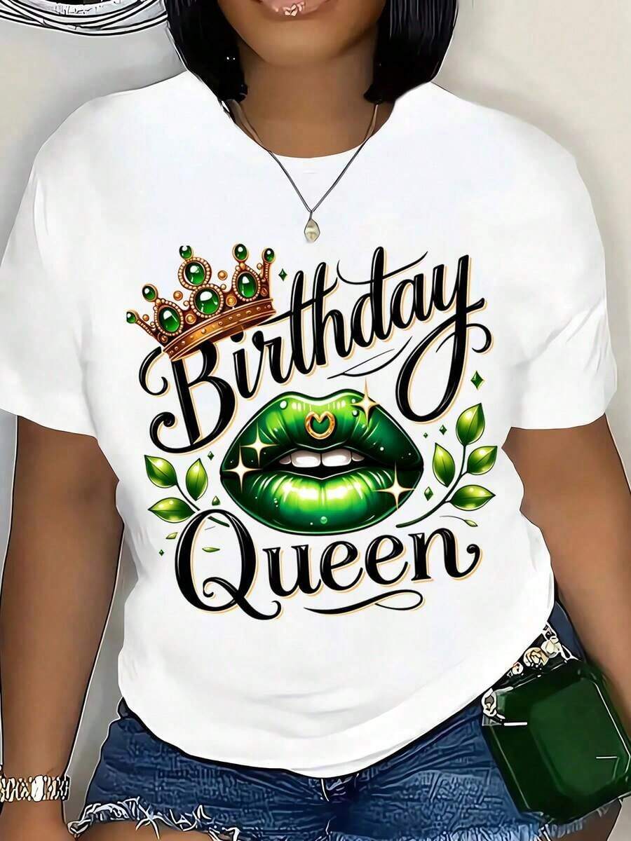 1 camiseta de "Reina del Cumpleaños" con diseño de corona y labios verdes para mujer, regalo de celebración de cumpleaños, atuendo de fiesta, ropa casual de verano, 180g, 100% algodón. - Blanco - Ver 1