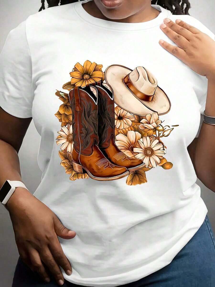 100% Cotton, Women's T-Shirt, Casual Short Sleeve T-Shirt For Women In Plus Size, Black Color, With Cowboy Boots Print, Hat And Floral Motifs, Suitable For Rustic Western Style Clothing. - 白色 - 查看 1