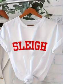 Camiseta TrendyWomen con Estampado de Letras, Cuello Redondo, Manga Corta, Estilo Casual, Largo Regular, Tela Ligeramente Elástica, para Uso Diario - Blanco - Ver 7
