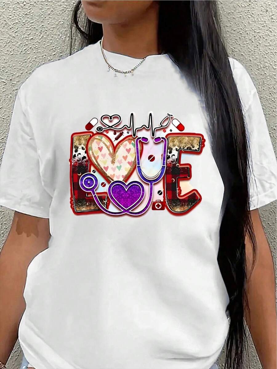 Camiseta de manga corta, ligera y duradera, con un diseño temático, perfecta para salidas informales en casa o en restaurantes, con estampados de corazones y estetoscopios de colores vivos. - Blanco - Ver 1