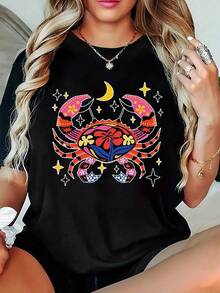 Ropa de Mujer de Tallas Grandes Premium - Camiseta Estampada de Talla Grande para Mujer (Paquete Individual) - Patrón de pulpo rojo brillante, elegante cuello redondo, tela de algodón transpirable, mangas cortas cómodas, adecuada para uso diario casual o para ir al trabajo, regalo ideal, camiseta casual, estampado brillante, tela ligeramente elástica, ecológica. - Negro - Ver 7