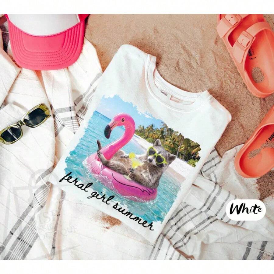 ® Girl Summer Tee, Summer Raccoon Shirt, Women's Summer T-Shirt, Women's Summer Beach Top, Girl Raccoon Tee - 白色 - 查看 1
