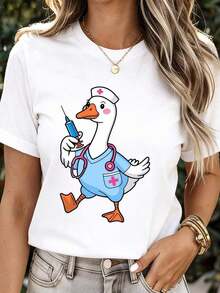 ModernoCute Women's White T-Shirt With Cartoon Duck Nurse Print, Summer Casual Wear, Fun Animal Design, Medical Theme, Casual Top - 白色 - 查看 1
