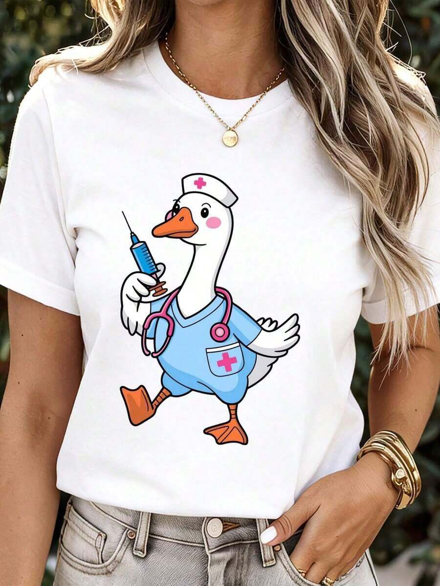 ModernoCute Women's White T-Shirt With Cartoon Duck Nurse Print, Summer Casual Wear, Fun Animal Design, Medical Theme, Casual Top - 白色 - 查看 1