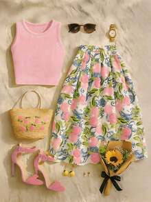 Conjunto de 2 piezas de top corto sin mangas y falda con estampado de hojas de limón para mujer, conjunto de vestir casual elegante para vacaciones - Negro - Ver 1