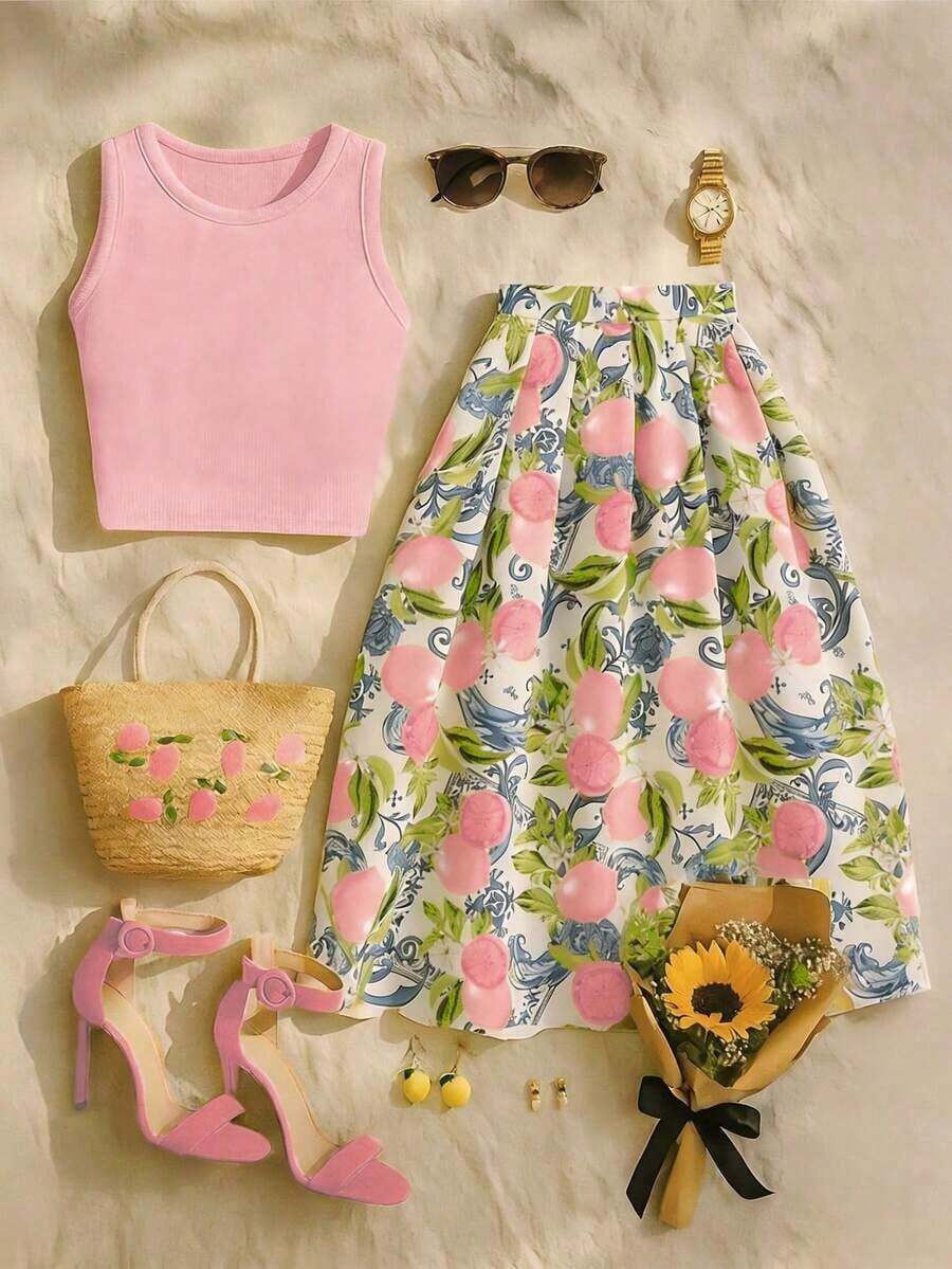 Conjunto de 2 piezas de top corto sin mangas y falda con estampado de hojas de limón para mujer, conjunto de vestir casual elegante para vacaciones - Negro - Ver 1