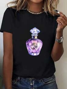 Camiseta Holgada de Cuello Redondo para Mujer Talla Grande - Estampado de botella de perfume negra y morada y patrón de diamantes, top de manga corta de cuello redondo ligero y transpirable, tela no transparente, camiseta cómoda casual de verano para el día a día, adecuada para todas las estaciones, camiseta para mujer, blusas para mujer casual. - Negro - Ver 7