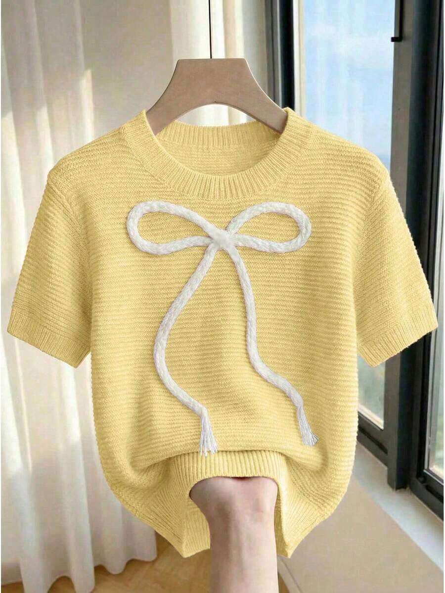 2026Franclia New Women's Sweet And Cute Pink Casual Knit Sweater With Bow, Short Sleeve Baby Pink Bow Blouse For Spring/Summer, Cute Knit Blouses With Bow For Women - 淺黃色 - 查看 1