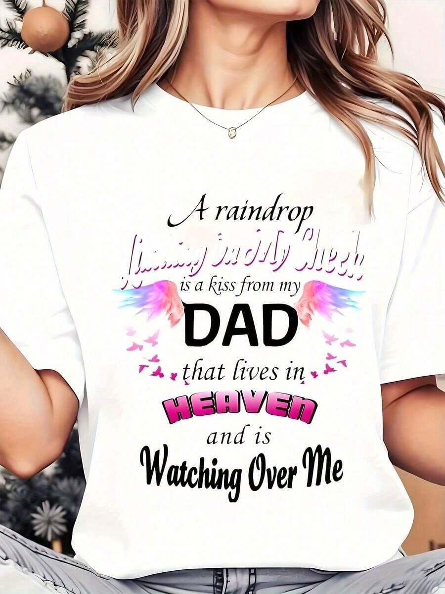 Camiseta de Mujer: Una gota de lluvia que me cae en la mejilla es un beso de mi papá que vive en el cielo y me protege. Estampado de cuello redondo, uso diario casual, suave y cómoda, Navidad, 220g, Playera Holgada para Mujer. - Blanco - Ver 1