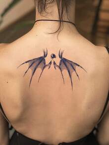 1 Tattoo Sticker, Dot-Pierced Dark Demon Wings, Horizontal Back, Personalized Temporary Tattoo Sticker, Washable, PVC, Disposable, Waterproof And Sweatproof, Suitable For Arms, Waist, Abdomen, Back, Legs, Non-Reflective, Realistic Tattoo, Suitable For People, Daily Use, Lasts 3-5 Days - Black - View 3
