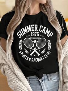 Camisetas para Mujer y Hombre con Cuello Redondo y Mangas Cortas, Camiseta Vintage de Tenis del Club Deportivo y de Raquetas  de 1976, Camiseta Casual con Estampado Gráfico para Mujer para la Moda de Verano, Estampados Divertidos Ideales para Fiestas de Navidad, Actividades Deportivas, Fiestas de Vacaciones, Salidas, Deportes y Otros Regalos Festivos. - Negro - Ver 4
