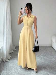 Vestido de línea A con cintura ceñida, cuello redondo y sin mangas, elegante y romántico para vacaciones de verano de mujer - Albaricoque - Ver 1