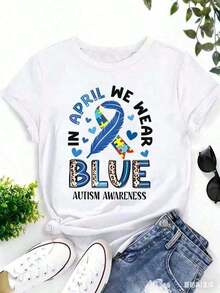 We Use Blue Printed T-Shirts To Promote Autism Awareness, Casual Short-Sleeved Crew Neck T-Shirts, Women's Clothing 100% Cotton. - 白色 - 查看 3
