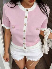Cárdigan de punto de cuello redondo de manga corta con contraste de color, nueva chaqueta de verano casual, versátil, minimalista, elegante y cómoda de corte holgado para mujer, adecuada para el uso diario, salidas, citas, moda casual, ceremonias de graduación - Rosa - Ver 5
