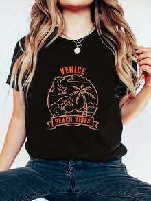 100% Cotton Summer T-Shirt "Beach Vibes, Venice Vacation, Beach Lover" - Soft Summer T-Shirts, Women's Vacation Clothes, Spring And Summer Going-Out T-Shirts, Graphic Tees For Sports Lovers, Graphic Tees For Women - 黑色 - 查看 6