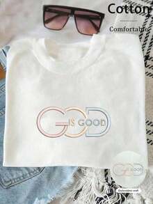 Camiseta de Mujer  con Patrón Bordado "God Is Good" y Contraste de Color - Blanco - Ver 1