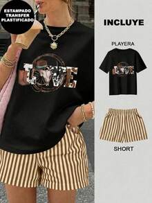 2 Playera Negra texto love vaquero con Short Rayas Café con Beige