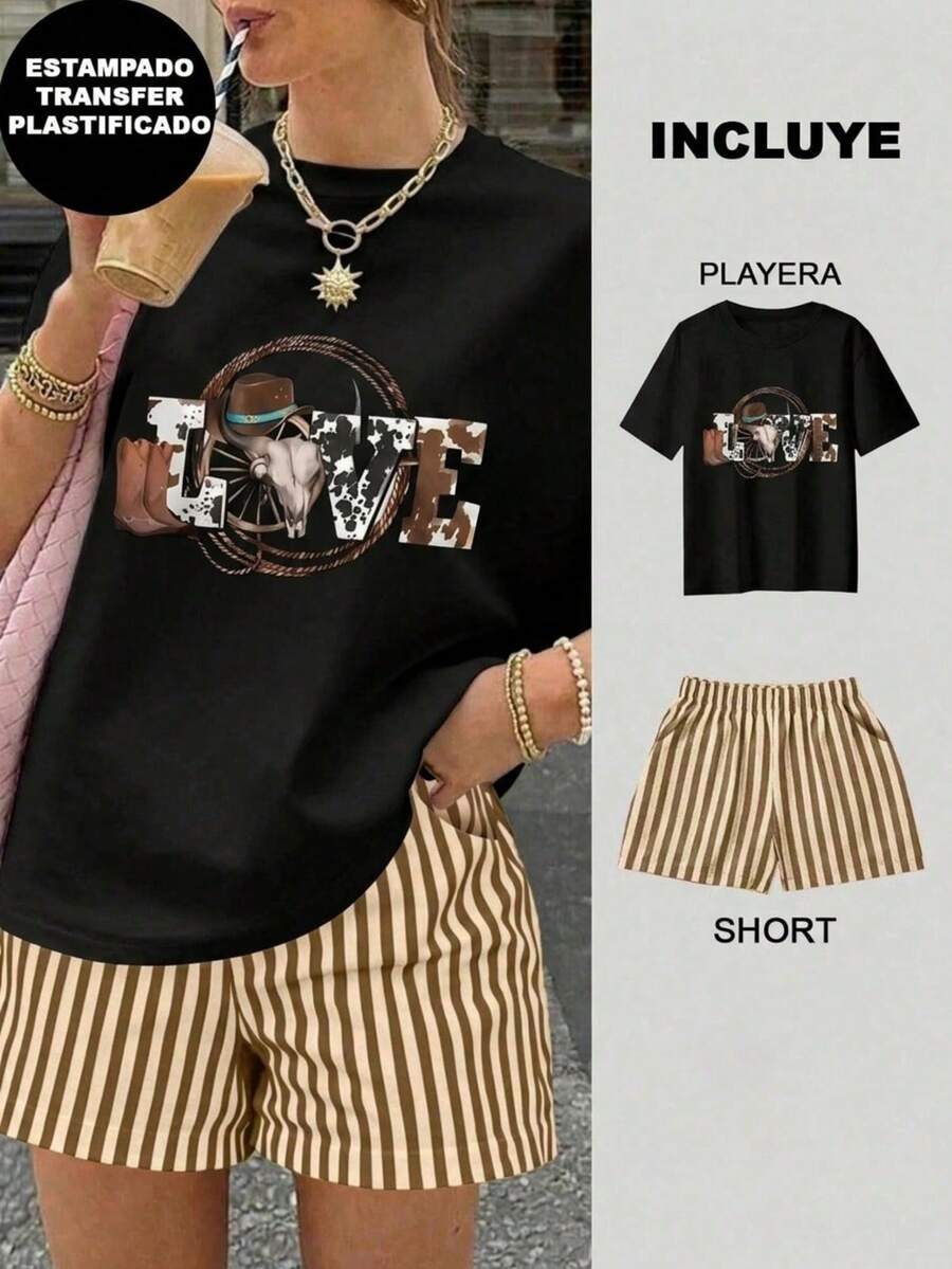 Women Two-Piece Outfits - 2 Black T-shirt With "love Cowboy" Text and Brown and Beige Striped Shorts - View 1