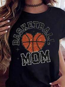 Camiseta Personalizada de Baloncesto para Mamá, 1 Pieza, para Mujeres - Diseño de Corazón de Baloncesto Brillante, Linda Camiseta para Fanáticos del Baloncesto, Regalo Perfecto para el Día de la Madre, Cumpleaños o Día del Deporte, 180 gramos, 100% Algodón Suave - Estilo Vintage Urbano, Unisex, Holgada, Algodón, Manga Corta, Cuello Redondo. - Negro - Ver 6