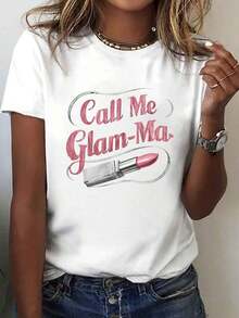 Camiseta estampada GLAM ME Lipstick Please Call Me GLAM Ma, de manga corta y cuello redondo, estilo casual, adecuada para verano y primavera, ropa de mujer estilo veraniego. - Blanco - Ver 7