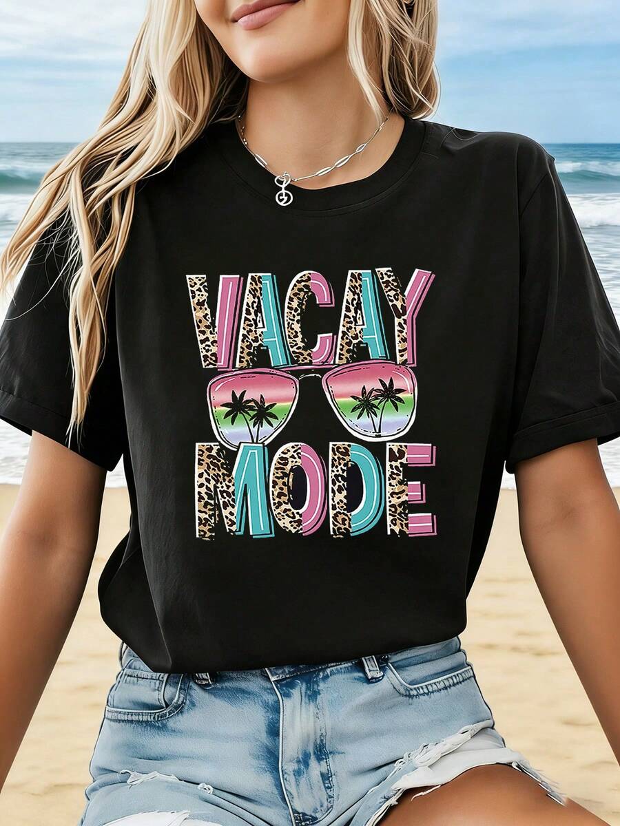 Camiseta de Mujer con Estampado de Leopardo "VACAY MODE" de Traveler's Sweet and Cool Vibe. Estilo casual y moderno con cuello redondo para primavera/verano. Ideal para salir, actividades al aire libre, ir al trabajo, versátil y elegante para el uso diario.
