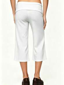 Womens Low Rise Capri Pants Fold Over Waistband Solid Color Slim Fit Cropped Pants Trousers - 白色 - 查看 3