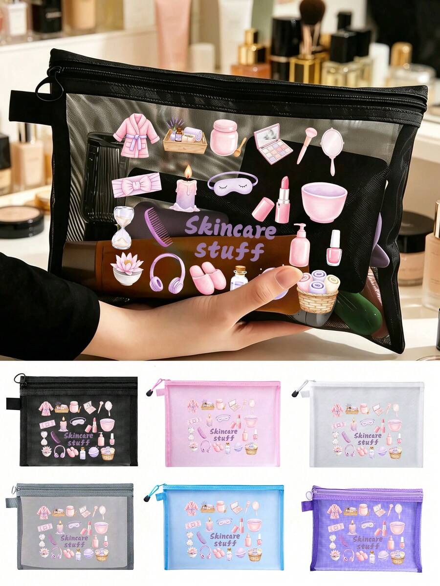 網格化妝包附化妝品圖案，多功能化妝收納袋，適用於髮夾、髮箍、紅色墊子，便攜式收納袋，化妝包，護膚包，旅行必需品，宿舍用品，浴室收納，珠寶收納，唇油和化妝品收納袋，學校用品袋，化妝包，假期必需品，化妝品收納，婚禮新娘禮物，母親節禮物，返校禮物，海灘包必需品