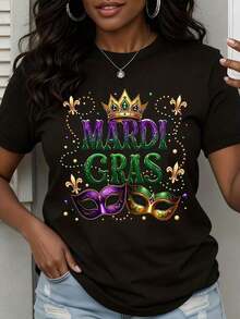 Camiseta de Fiesta de Mardi Gras para Mujer, con Diseño de Máscara, Corona y Cuentas, Camiseta de Festival 2024, Disfraz de Celebración de Nueva Orleans, Estilo Vintage Urbano, Unisex, de Algodón, Manga Corta, Cuello Redondo, 100% Algodón - Negro - Ver 1