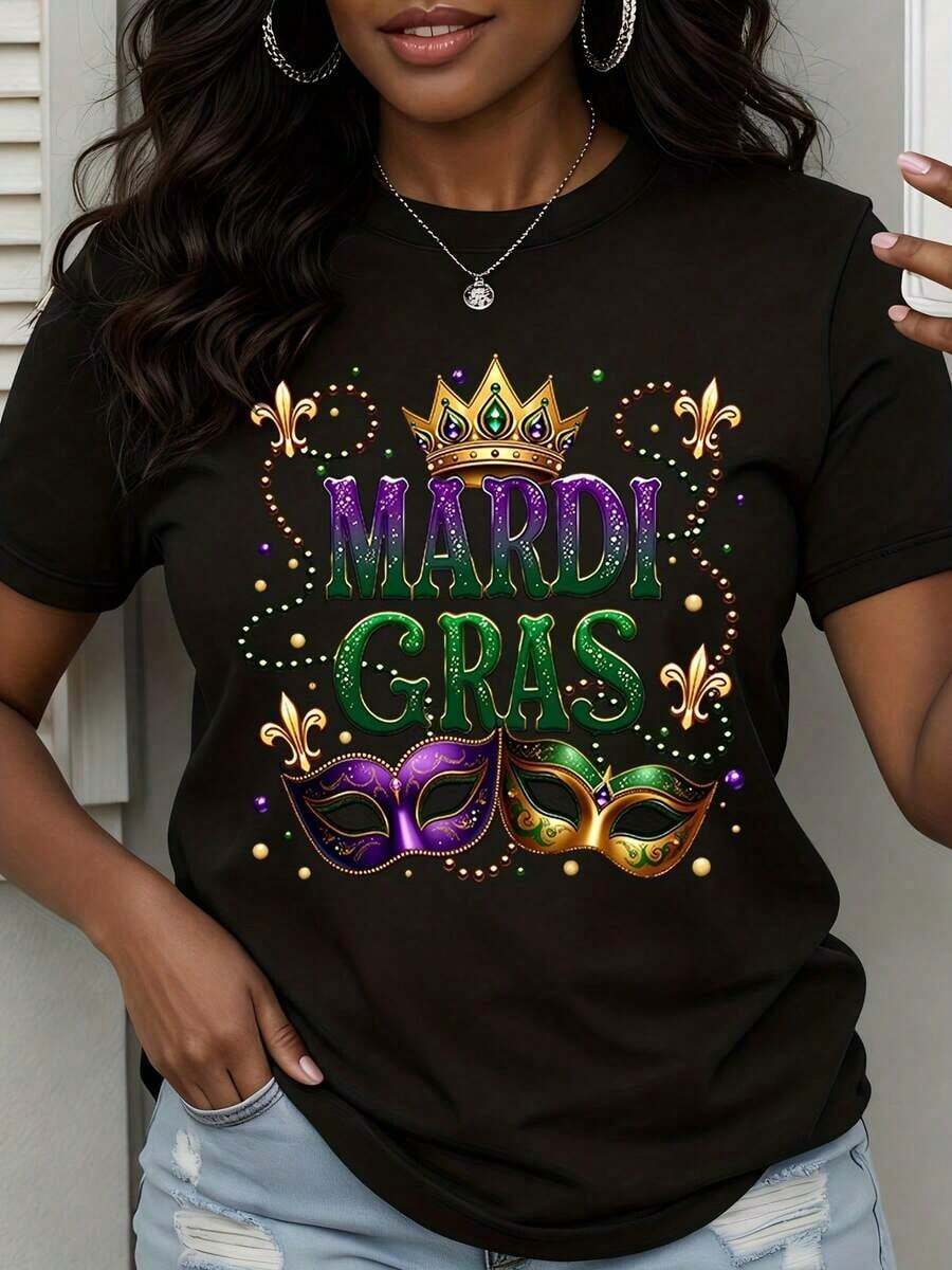 Camiseta de Fiesta de Mardi Gras para Mujer, con Diseño de Máscara, Corona y Cuentas, Camiseta de Festival 2024, Disfraz de Celebración de Nueva Orleans, Estilo Vintage Urbano, Unisex, de Algodón, Manga Corta, Cuello Redondo, 100% Algodón - Negro - Ver 1