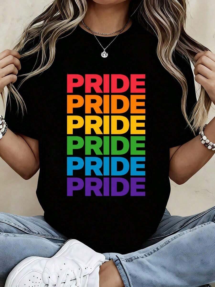 Pride T-Shirt With Rainbow Pride Text Print, Casual Wear For Everyday Use And Sports Activities - Vintage Urban Style, Unisex, Cotton, Short Sleeve, Round Neck, 100% Cotton - 黑色 - 查看 1