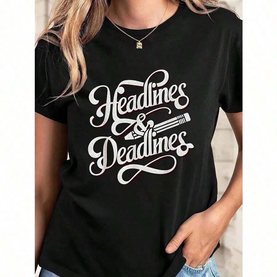 100% algodón puro, para mujerCamiseta de mujerTítulos&Plazos límiteGráficoCamiseta-NegroInformalCortoMangaRedondoCuelloSuperiorConEleganteCursivaRotulación&BolígrafoDiseño,AltoElasticidadMáquinaLavableTela,RegularAjusteParaPrimaveraVeranoOtoño,Inspirado en los periodistasInformalDesgaste,SeñorasTCamisas,Todos los díasModaPeriodistaTemáticoRopa, vestimentaSuaveTexturaTee,CómodoAjusteCamisa - Negro - Ver 1