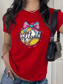 T-Shirt With Softball Bow Graphic Print, 180g, 1 Piece, For Sports Lovers, Women's Casual T-Shirt 100% Cotton, Summer Streetwear. - 紅色 - 查看 9