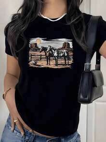 Camiseta con Estampado Gráfico de Caballo del Desierto Occidental, 180g, 1 Pieza, Estilo Vaquero, Casual para Mujer, 100% Algodón, Estilo Vintage para Exteriores - Negro - Ver 1