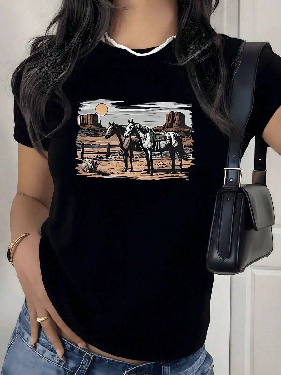 Camiseta con Estampado Gráfico de Caballo del Desierto Occidental, 180g, 1 Pieza, Estilo Vaquero, Casual para Mujer, 100% Algodón, Estilo Vintage para Exteriores - Negro - Ver 1