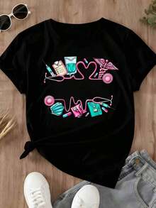 Camiseta de Mujer con Estampado de Temática Médica que Incluye Estetoscopio, Corazón, Alas, Mascarilla y Medicamentos para Uso Casual en Primavera y Verano - Negro - Ver 2