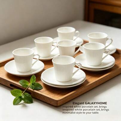 Minimalist Vertical Striped White Ceramic Coffee Cup Set, Home & Office Use, Heat-Resistant Handle, Microwave & Dishwasher