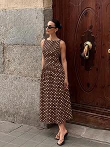 2026 Nuevo vestido azul de primavera/verano para mujer, de estilo casual y elegante para vacaciones, con cuello cuadrado sin mangas, ajustado a la cintura y corte evasé, con estampado de lunares, adecuado para festival de música, estilo callejero, fiesta, cumpleaños, vacaciones y ocasiones formales - Marrón - Ver 5