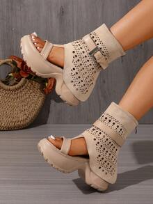Women's Hollow Out Sandals, Open Toe Ankle Strap Boots With Buckle, Back Zipper Wedge Heel Platform Roman Gladiator Casual Summer Shoes - Beige - View 2