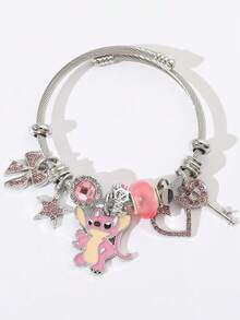 Disney Vòng tay đính đá hình trái tim với mặt dây chuyền Stitch và Thiên thần dễ thương, tự làm vòng tay hạt cườm, sang trọng, thích hợp cho lễ hội. - Hồng - Xem 6