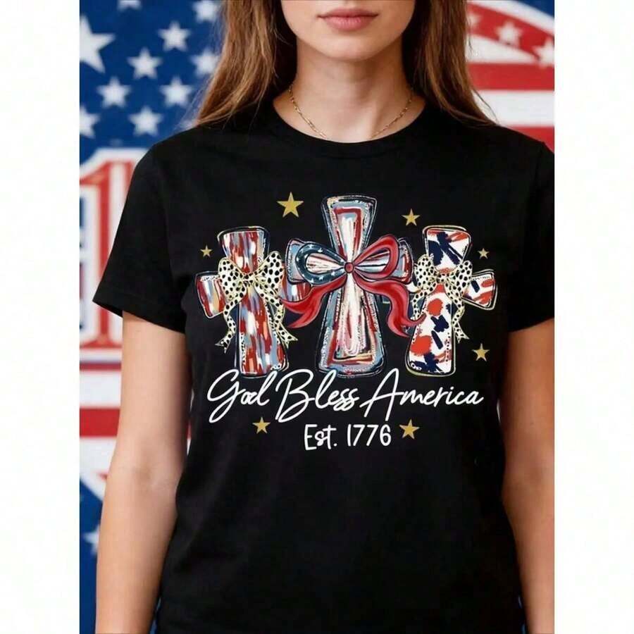 Camiseta 100% Algodón Puro, Estilo Moderno Minimalista, Camiseta de Mujer "God Bless America", 250 Años de América, Aniversario de 250 Años de Estados Unidos, Camiseta de Regalo para el 4 de Julio, Día de la Independencia, Estilo Casual y Cómodo de Verano, playeras de mujer - Negro - Ver 1